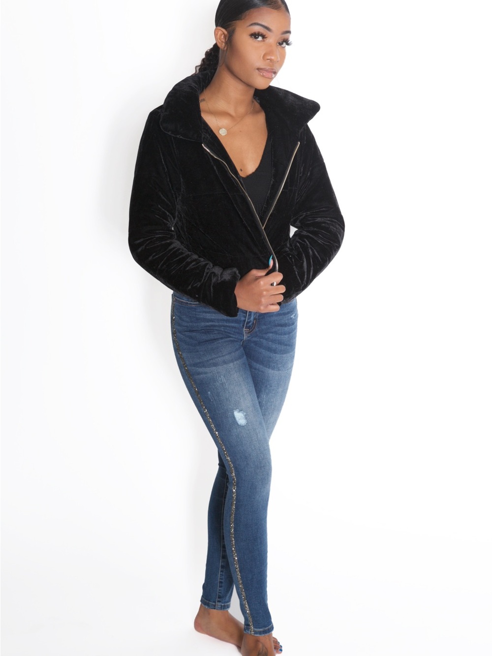 Black Velvet Plush Zip-Front Women's Jacket